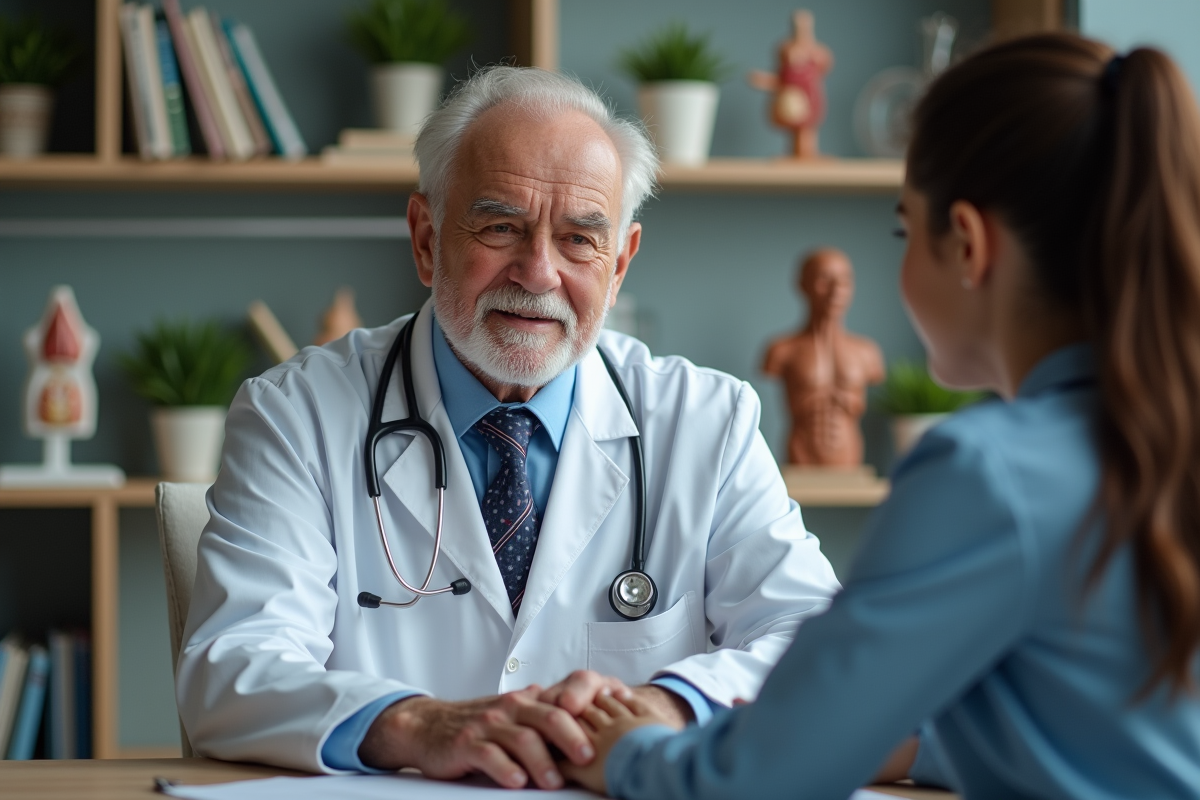Médecin âgé en consultation avec un patient dans un cabinet moderne