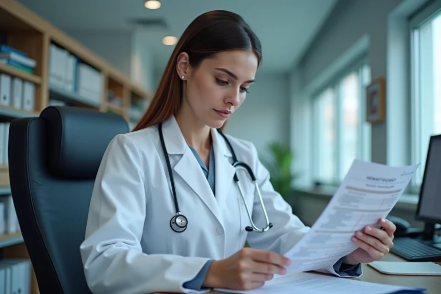 Médecin examinant les résultats d'une analyse de sang avec un taux de monocytes élevé dans un cabinet médical moderne
