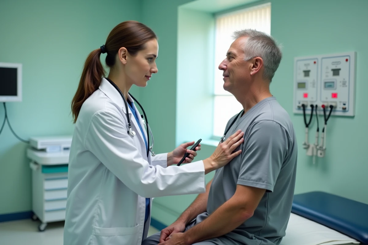 Médecin ausculant un patient au niveau de la poitrine gauche dans un cabinet médical pour évaluer une douleur intercostale