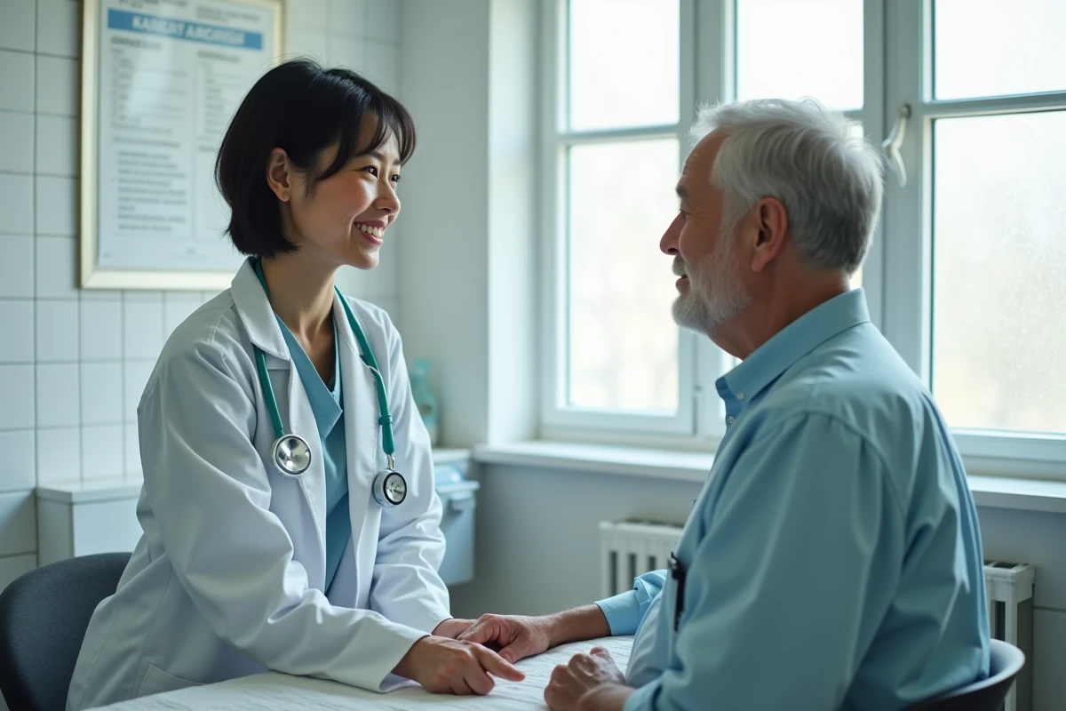 Médecin femme en consultation avec un patient âgé dans une salle d'examen clinique, illustrant la qualité des soins