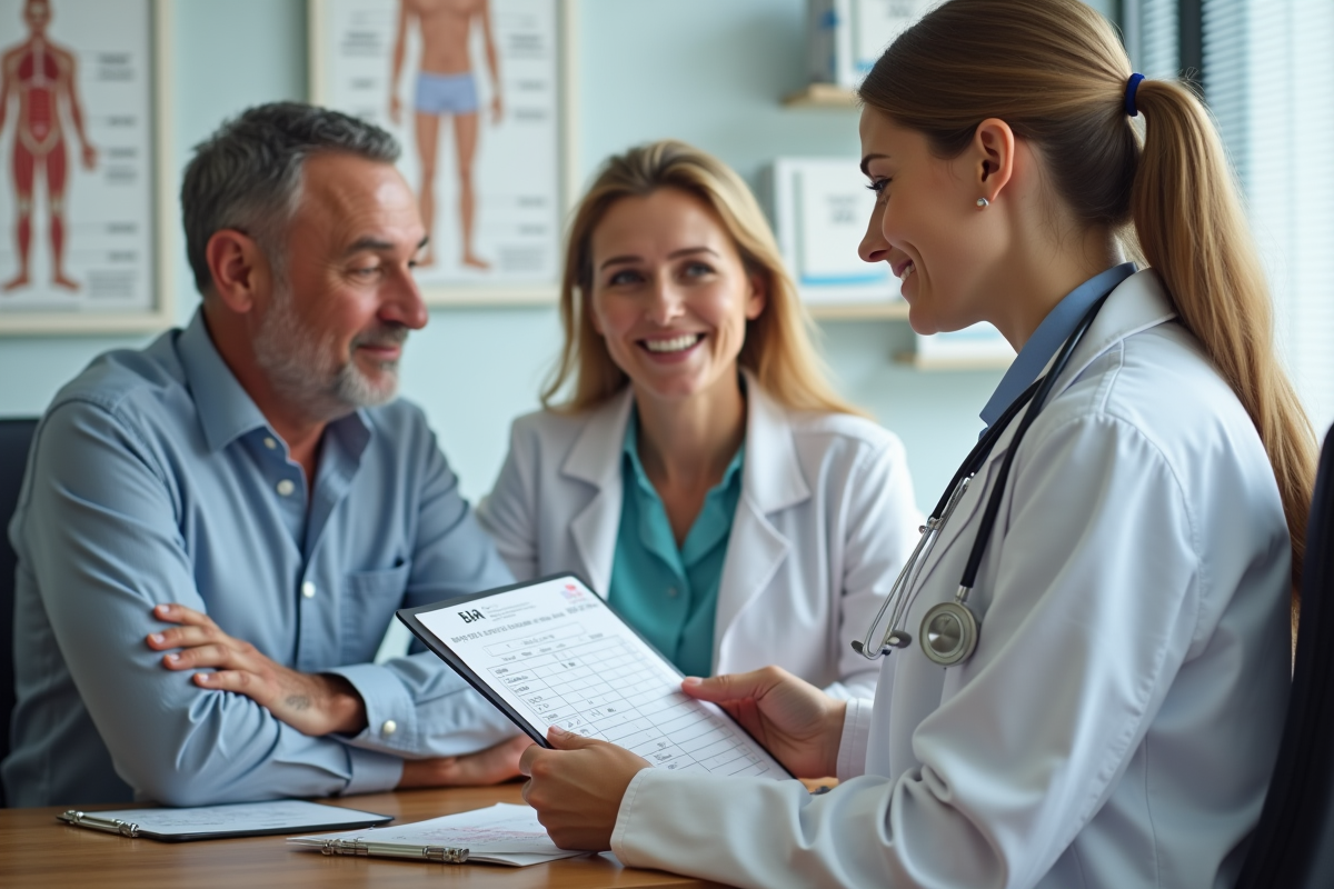 Medecin discutant du BMI avec un couple dans un cabinet