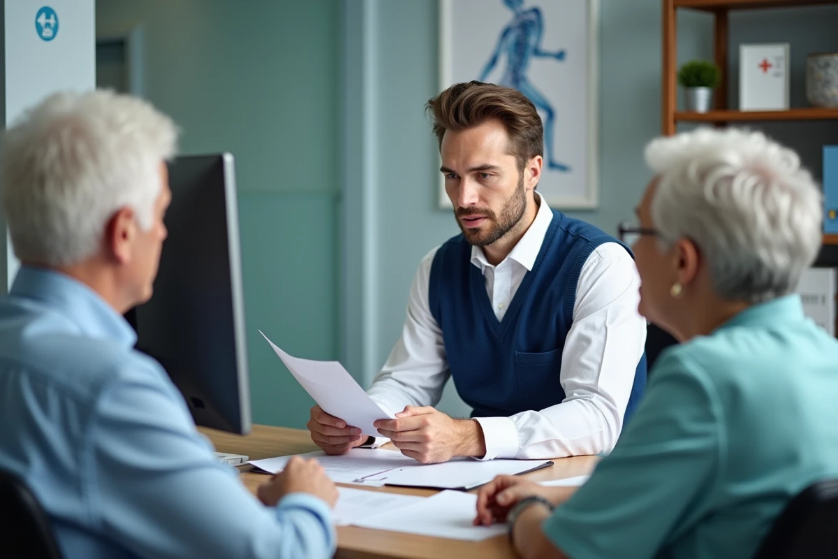 Medecin expliquant des documents à un couple de seniors
