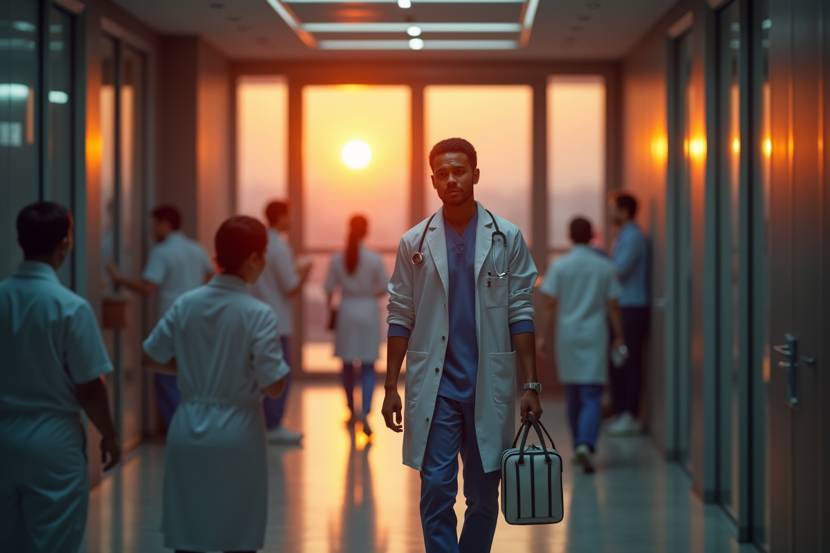 Medecin fatigue quittant la clinique au coucher du soleil