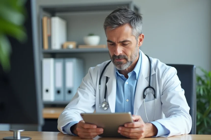Médecin généraliste utilisant un logiciel de gestion de rendez-vous sur tablette dans son cabinet médical moderne