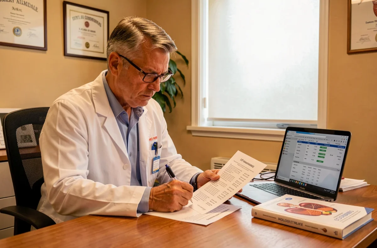 Médecin généraliste consultant les résultats d'un bilan biologique incluant la CDT comme marqueur de consommation d'alcool chronique