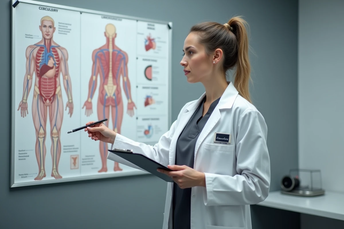 Médecin spécialiste du sport expliquant la circulation sanguine humaine devant un schéma anatomique, contexte médical éducatif lié au volume sanguin et à l'effort physique