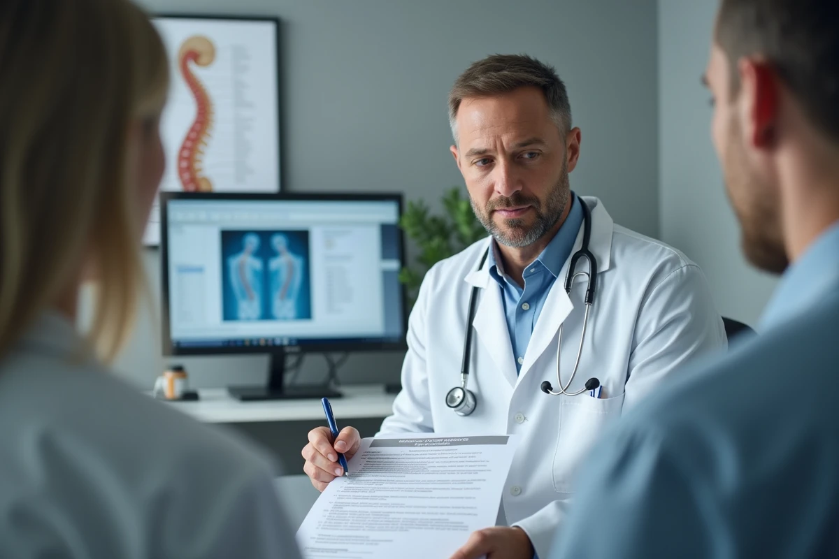 Médecin du travail consultant un formulaire de reconnaissance de maladie professionnelle dos tableau 57 lors d'une consultation médicale