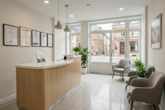 Salle d'attente d'un cabinet dentaire moderne dans le Pas-de-Calais, avec mobilier épuré et atmosphère professionnelle