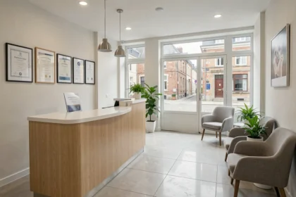 Salle d'attente d'un cabinet dentaire moderne dans le Pas-de-Calais, avec mobilier épuré et atmosphère professionnelle