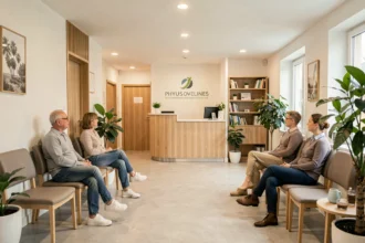 Salle d'attente d'un cabinet de kinésithérapie moderne dans les Yvelines avec des patients et une réception accueillante