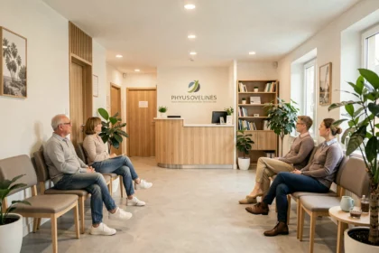 Salle d'attente d'un cabinet de kinésithérapie moderne dans les Yvelines avec des patients et une réception accueillante