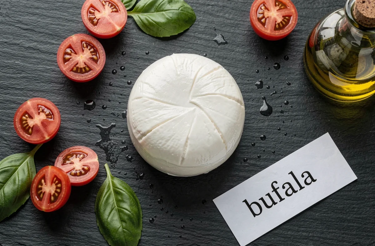 Gros plan de mozzarella di bufala fraîche sur une ardoise avec tomates et basilic, illustrant les aliments à risque de listériose pendant la grossesse
