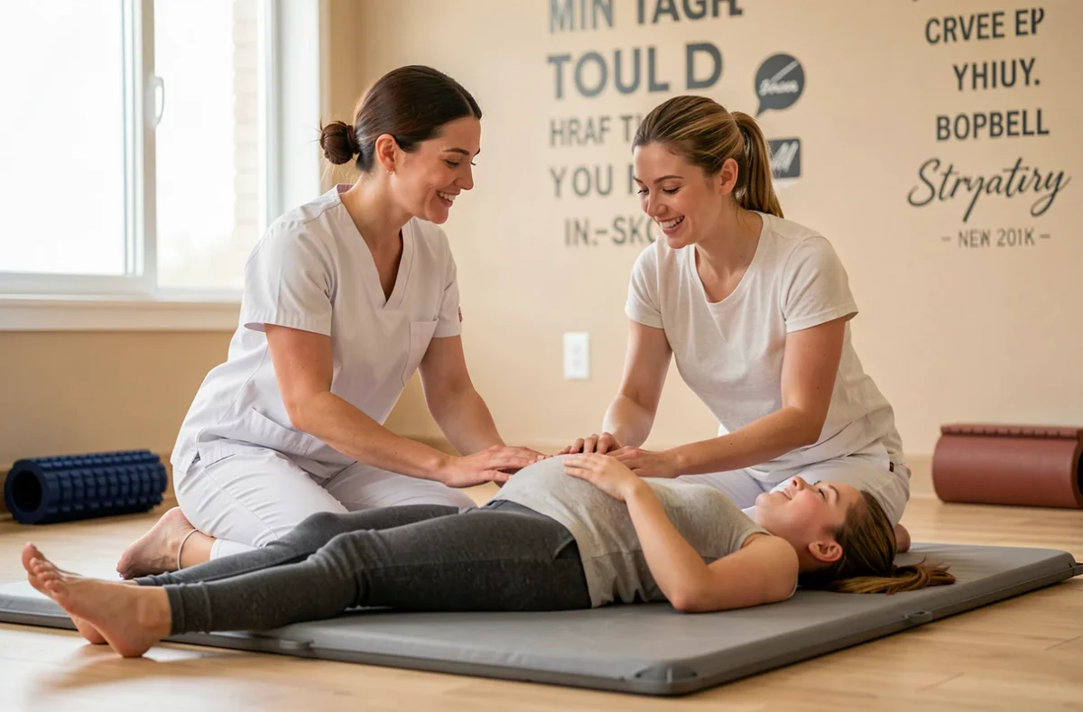 Séance de rééducation post-partum à Bois-d'Arcy chez Mumkine avec une kinésithérapeute guidant une jeune maman dans des exercices abdominaux doux