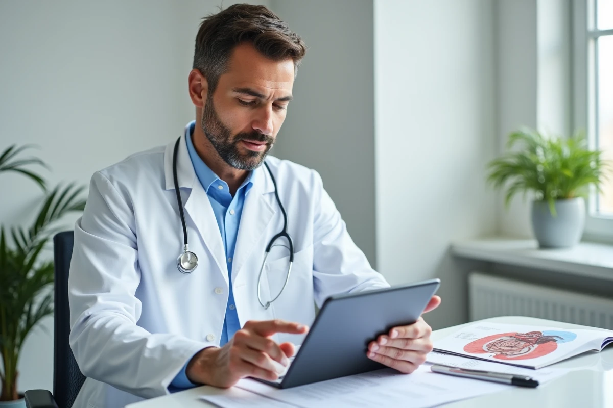 Nutritionniste expliquant le fonctionnement du système digestif lors d'une consultation médicale en cabinet moderne