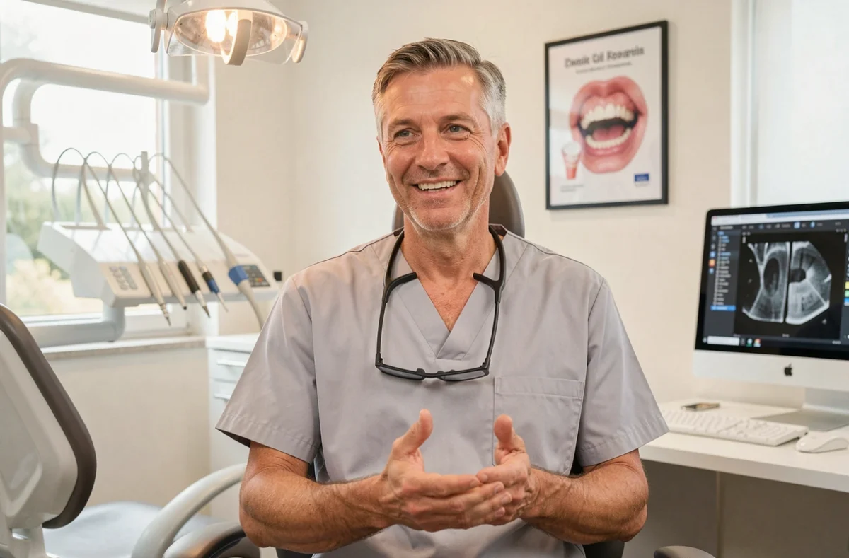 Olivier Beyaert, dentiste dans le Pas-de-Calais, expliquant un plan de traitement à un patient dans son cabinet