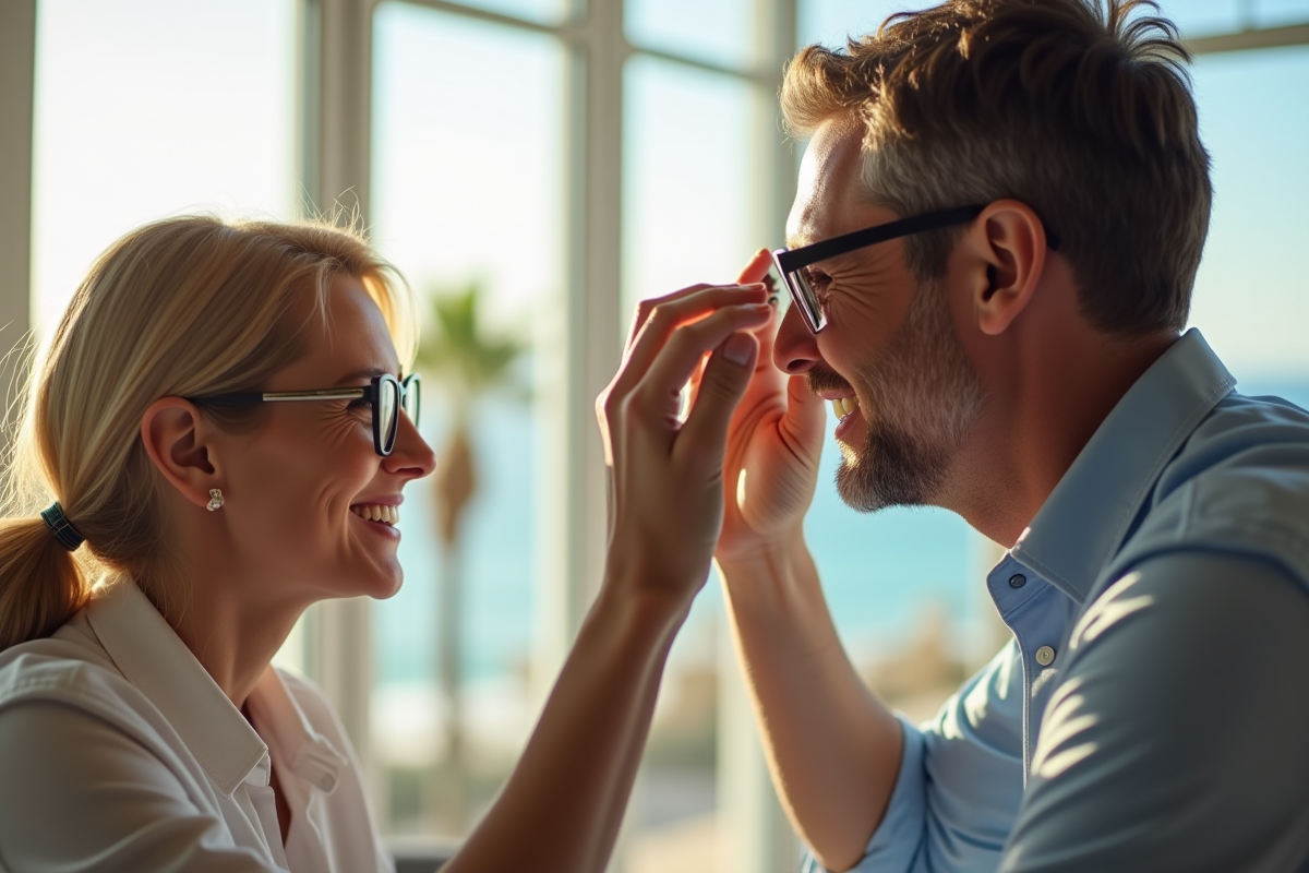Opticien ajustant des lunettes à un client souriant en intérieur