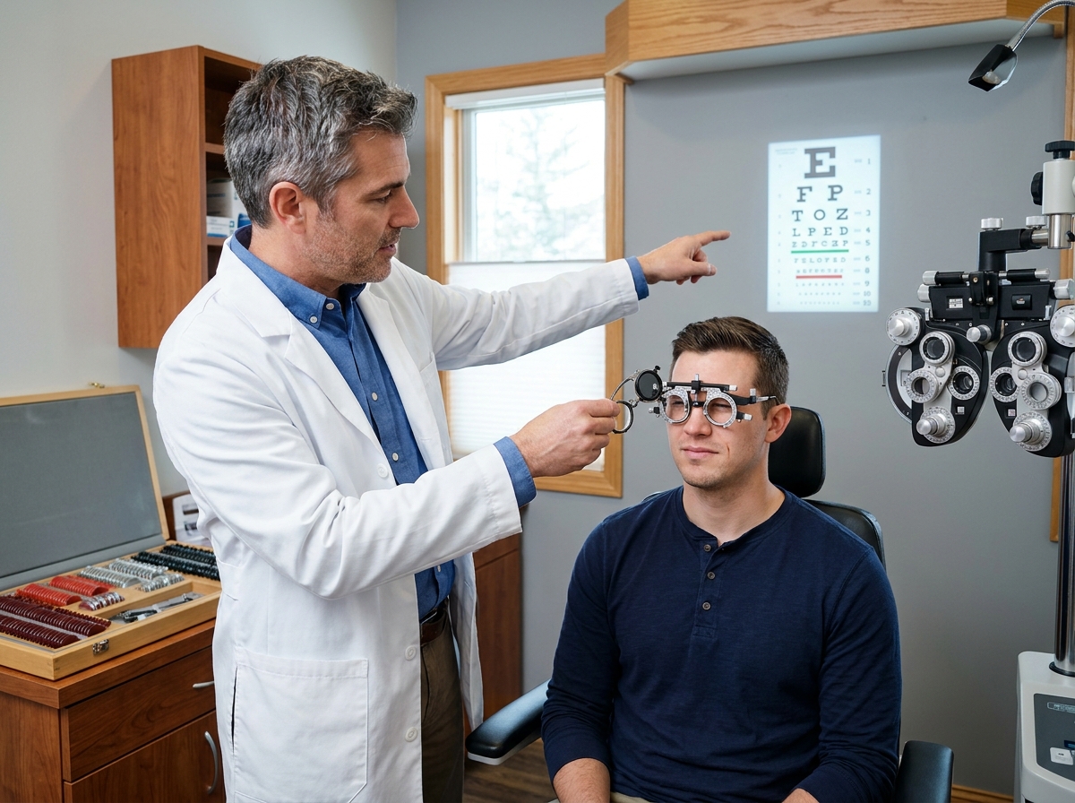 Opticien présentant des verres correcteurs à un patient lors d'un test de vision avec tableau optométrique