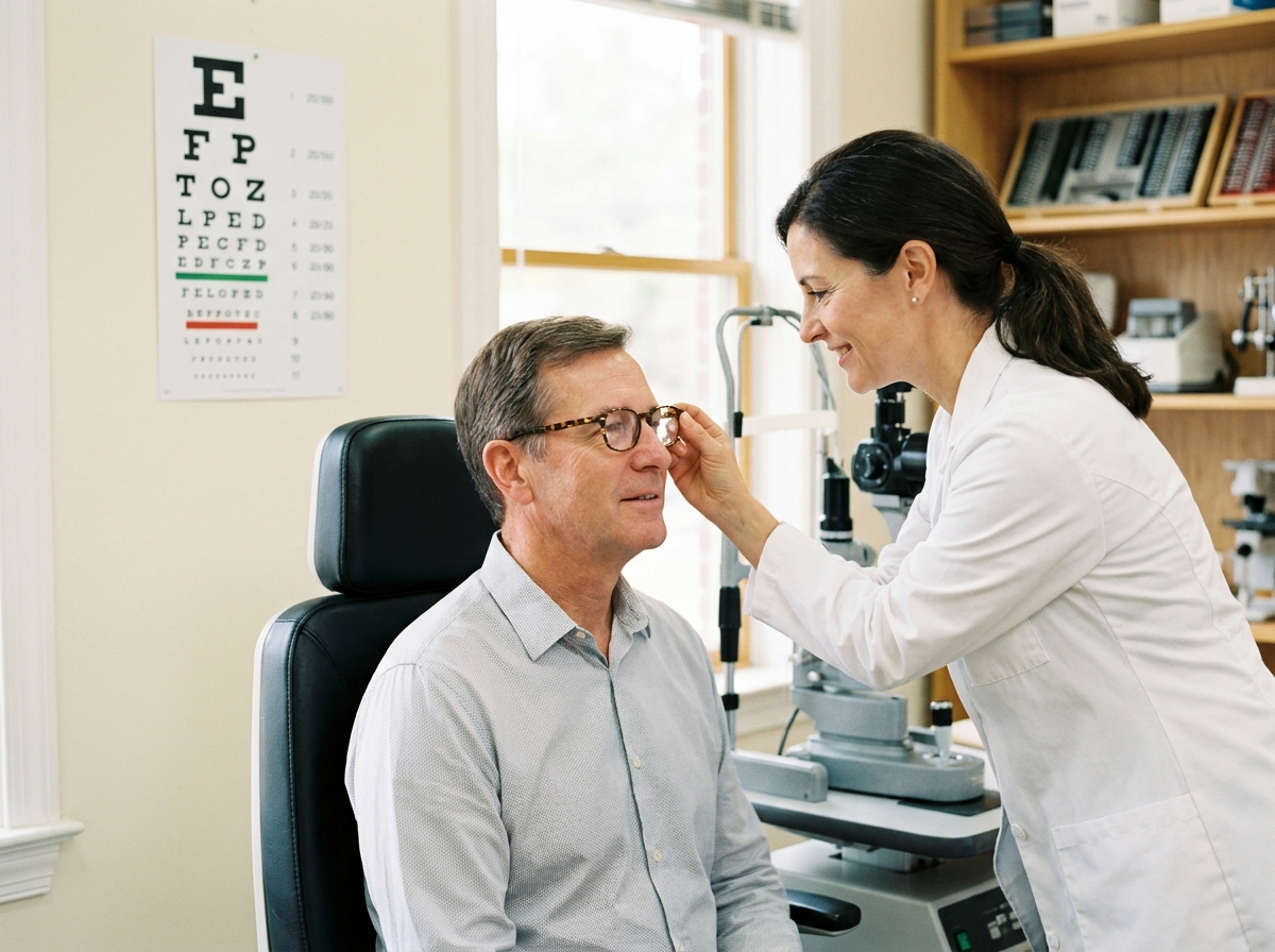 Opticienne ajustant les lunettes d'un patient lors d'une consultation de vue en cabinet
