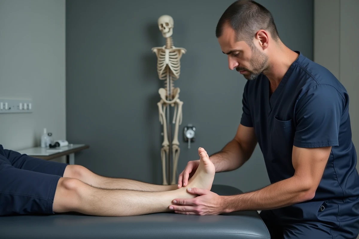 Kinésithérapeute effectuant un examen de palpation du nerf sural sur le bord latéral du pied d'un patient