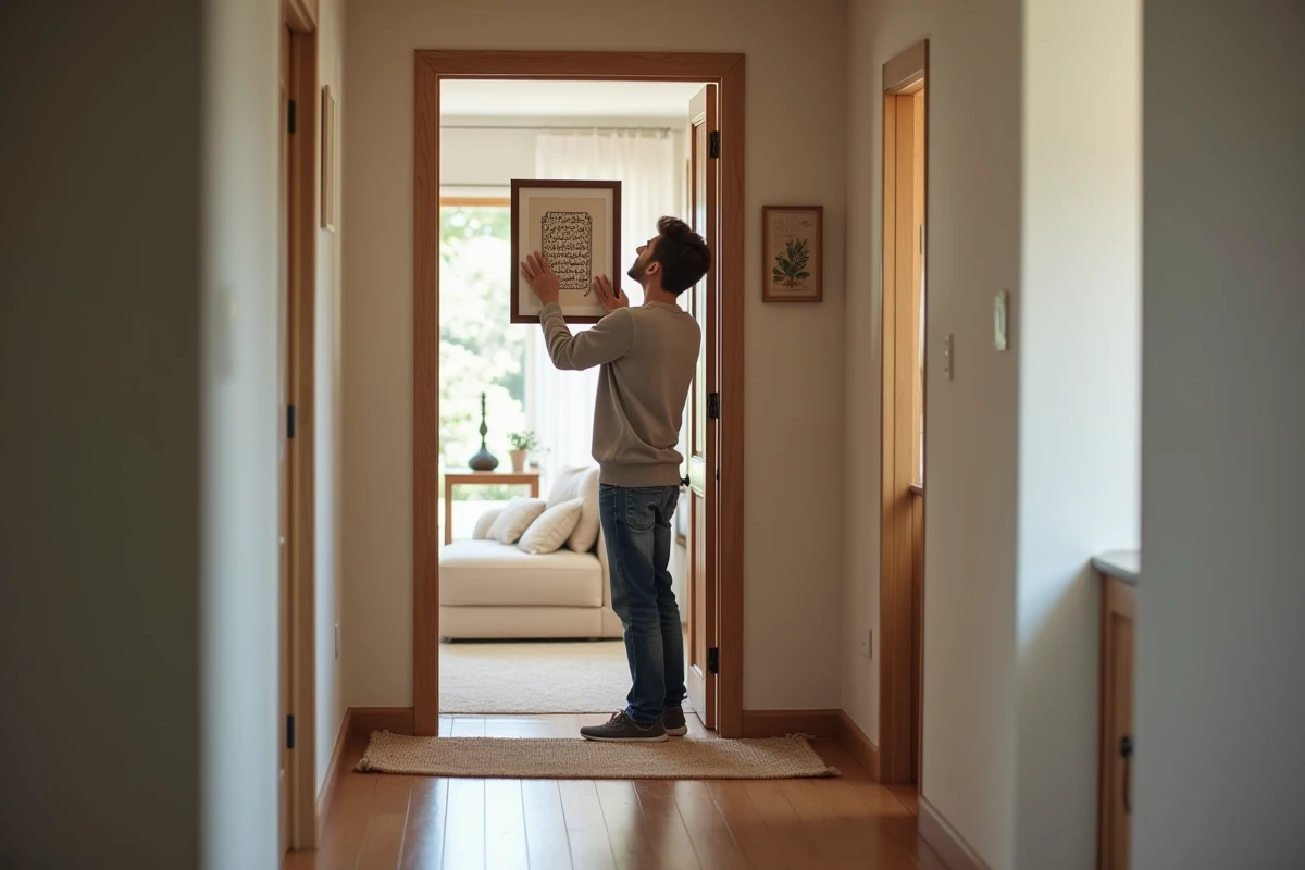 Père accrochant un verset du Quran dans l