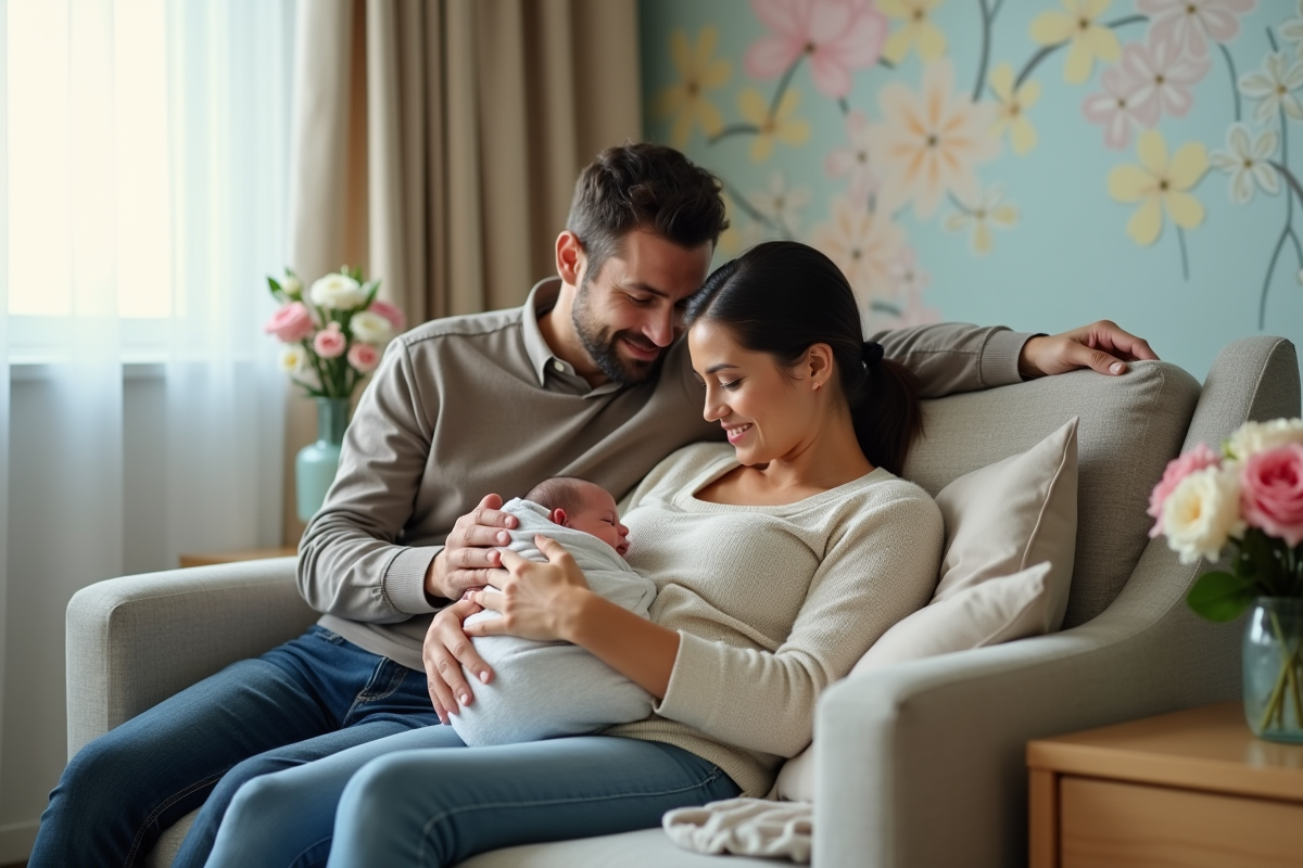 Père et mère avec bébé dans une salle de maternité chaleureuse