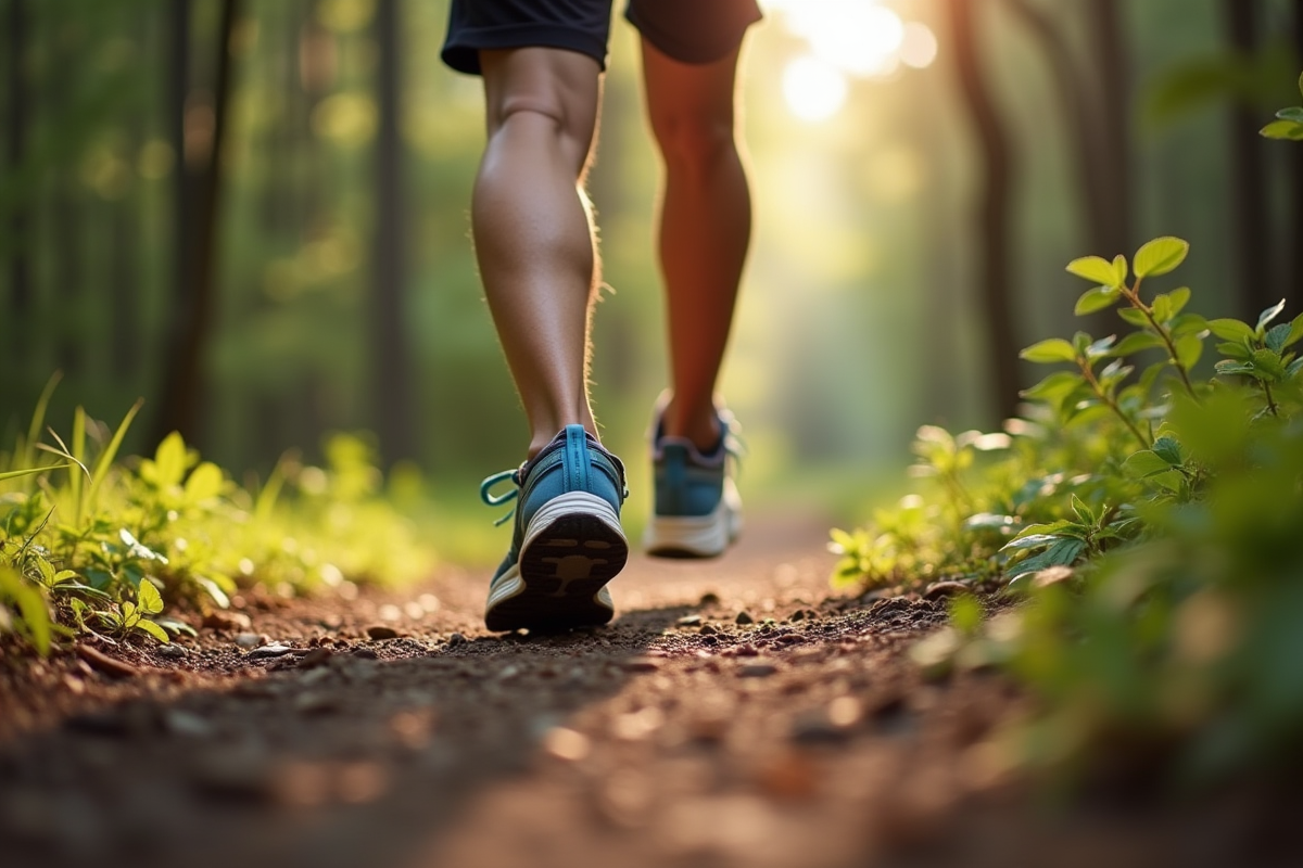 Détail de pieds en baskets sur sentier forestier avec smartphone