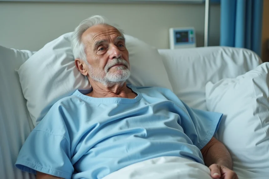 Patient agee allonge sur lit hospitalier visage calme