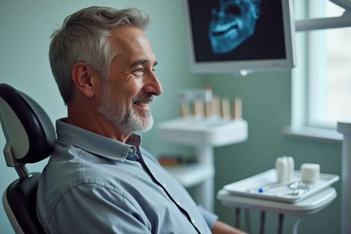 Patient en consultation dentaire discutant des solutions alternatives à l'implant lorsqu'il y a insuffisance osseuse