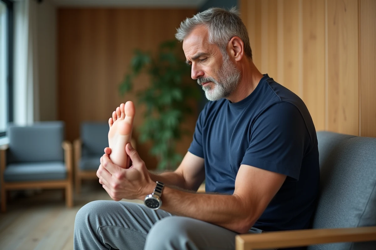 Patient examinant lui-même la partie haute de son pied douloureux dans la salle d'attente d'une clinique orthopédique