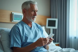 Patient homme âgé tenant un blister de médicaments dans une chambre d'hôpital