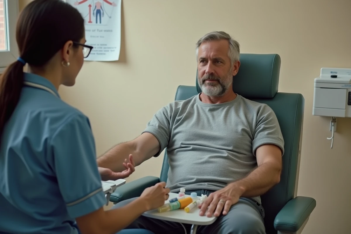 Patient en consultation médicale lors d'une prise de sang pour surveiller le taux de monocytes suite à une infection