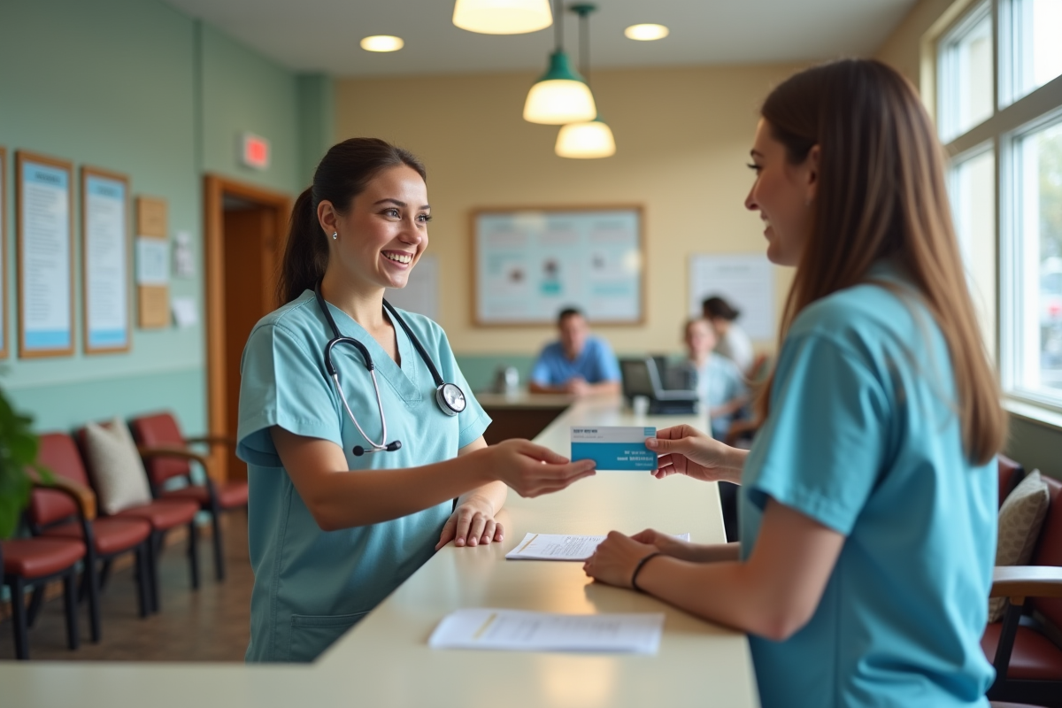 Jeune femme remettant sa carte santé à la reception