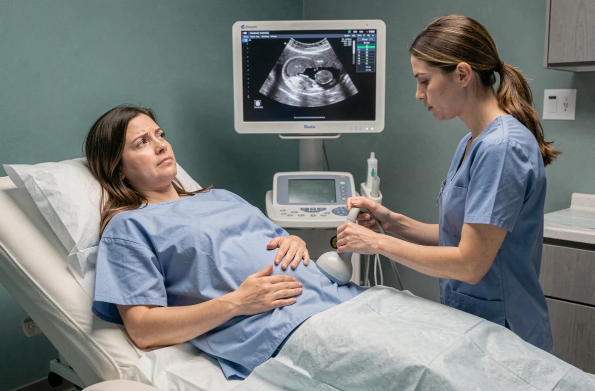 Patiente recevant une échographie pelvienne dans une salle d'imagerie médicale gynécologique