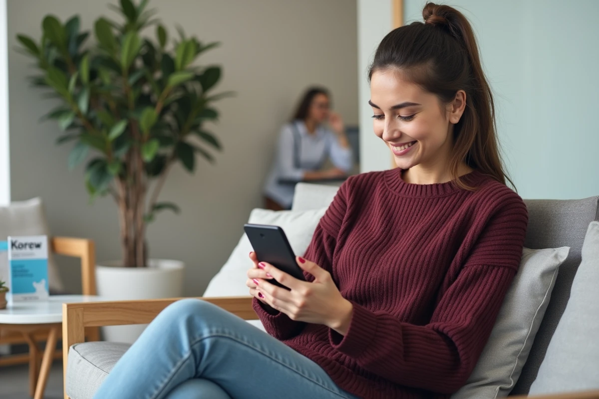 Patiente prenant rendez-vous médical en ligne via smartphone dans une salle d'attente moderne
