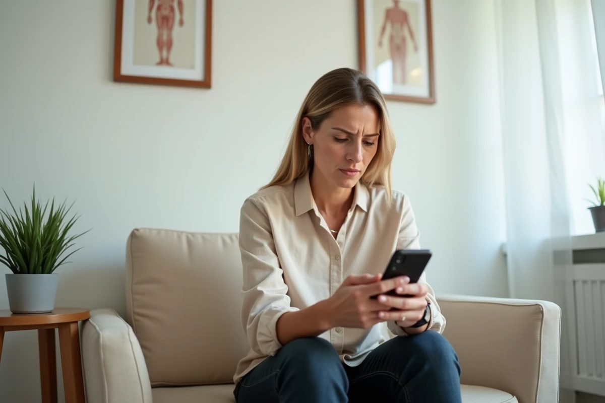Patiente dans la salle d'attente d'un cabinet d'ostéopathie consultant son téléphone pour un rendez-vous urgent