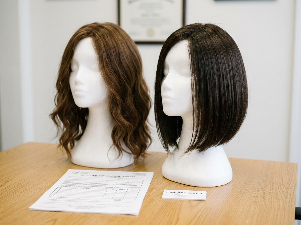 Deux perruques médicales sur têtes de mannequin avec documents de prise en charge médicale sur table en bois