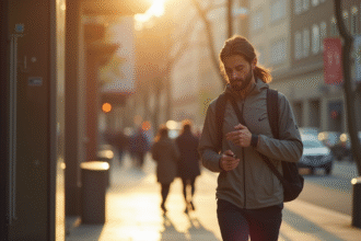 Personne vérifiant son tracker fitness en marchant vite en ville