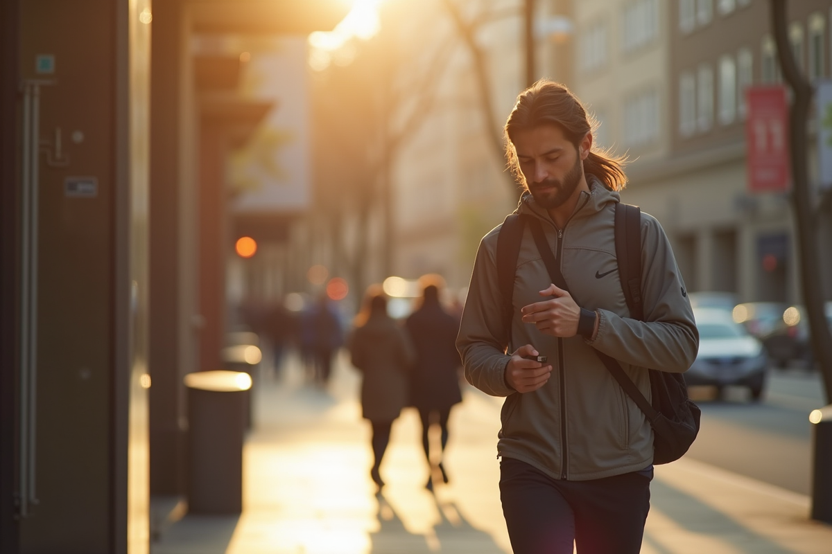 Personne vérifiant son tracker fitness en marchant vite en ville