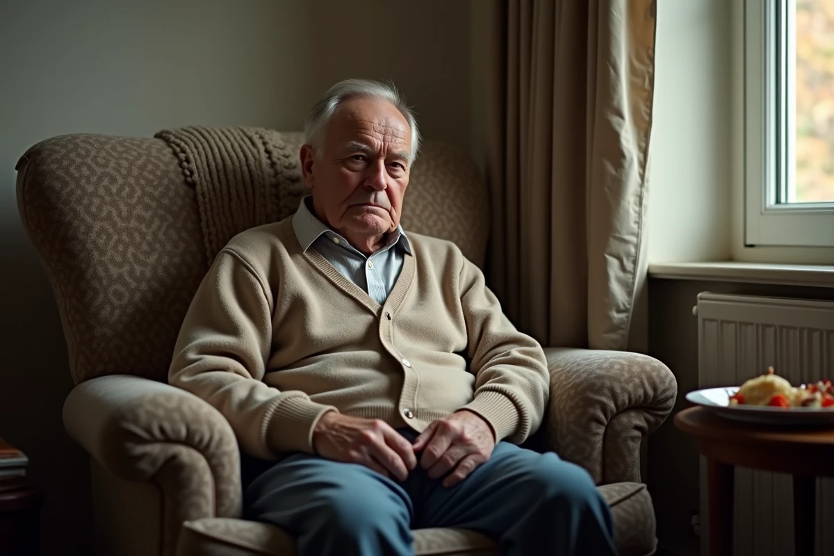 Personne âgée assise près d'une assiette non mangée, illustrant les risques du jeûne prolongé chez le senior