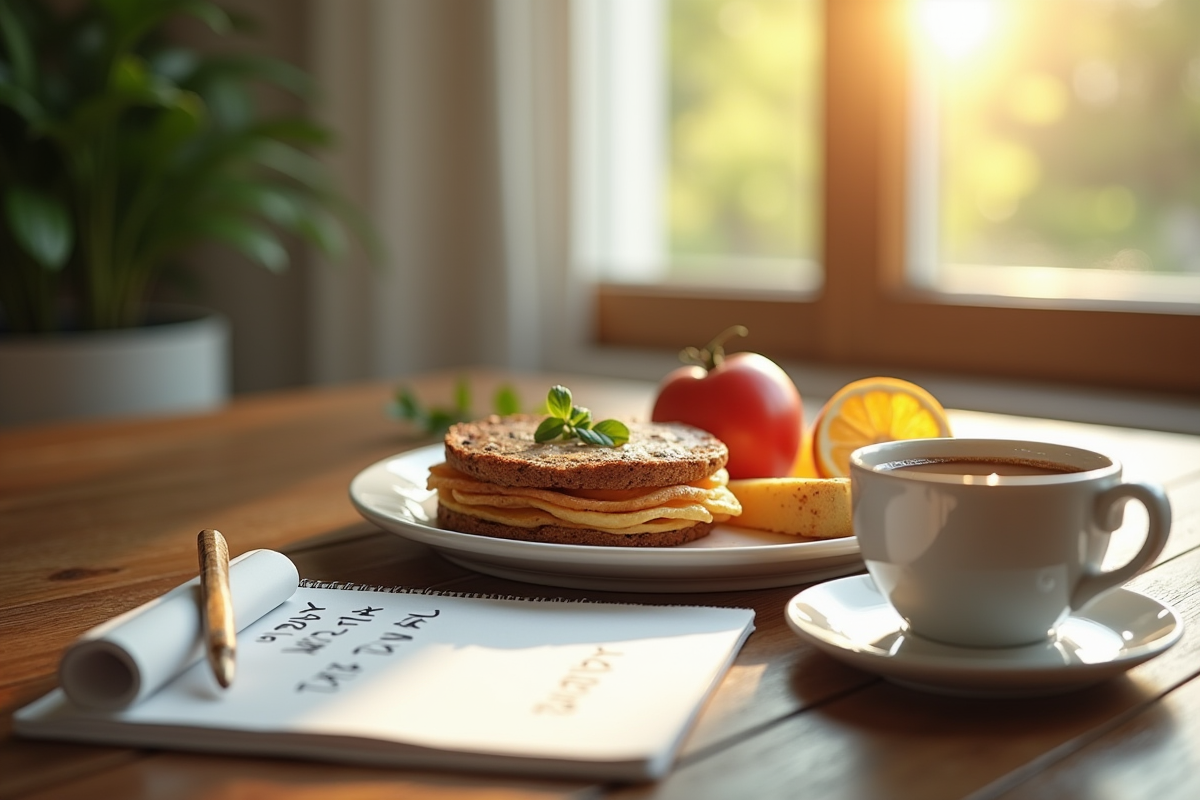 Petit déjeuner sain avec carnet de fitness et notes