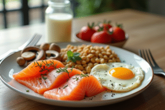 Table de petit déjeuner avec saumon et œufs vue de dessus