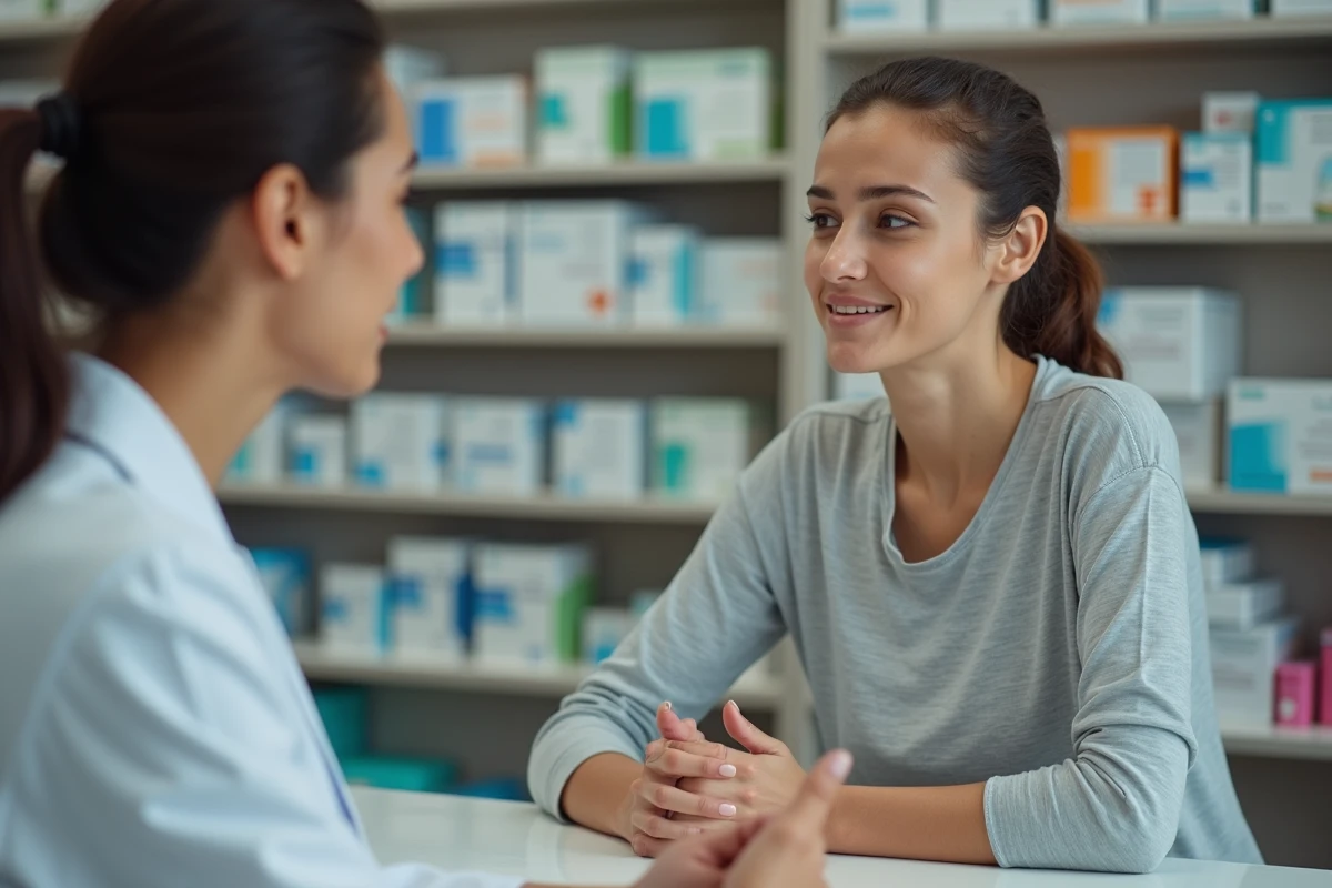 Jeune maman en pharmacie demandant conseil à une pharmacienne sur le traitement des hémorroïdes après l'accouchement