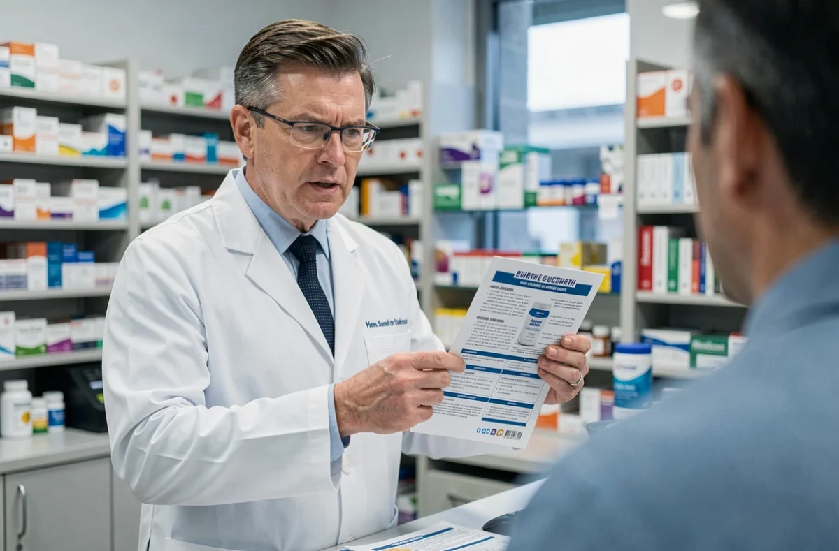 Pharmacien expliquant les risques d'une mauvaise utilisation d'un complément hépatique à un client