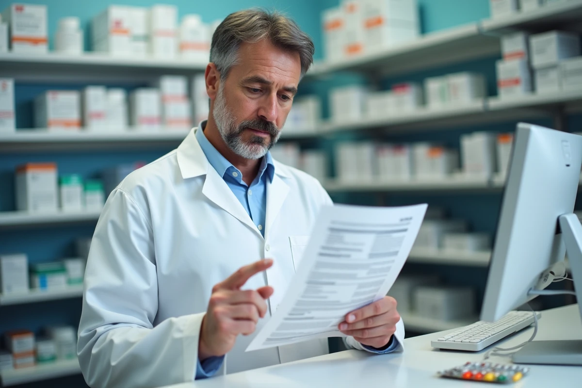 Pharmacien en blouse blanche expliquant les effets secondaires d'un médicament pouvant causer des chevilles enflées