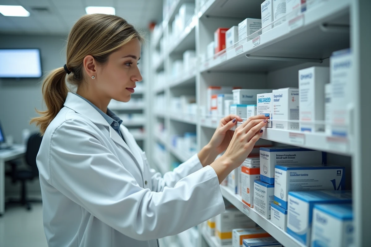 Pharmacienne en train de ranger des boîtes de médicaments en pharmacie