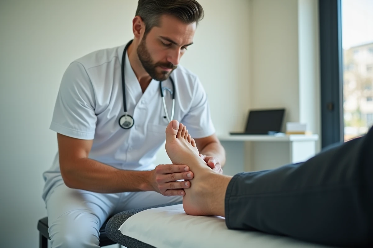 Physiothérapeute examinant le pied d'un patient lors d'une consultation médicale pour diagnostiquer des brûlures et fourmillements