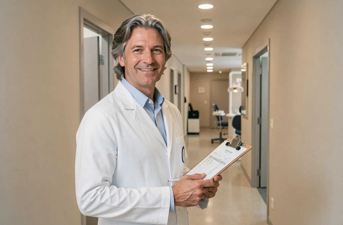 Pierre Pardo, professionnel dentaire dans le Pas-de-Calais, dans le couloir de son cabinet avec une planchette de dossiers patients
