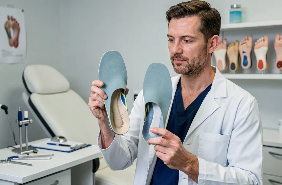 Podologue comparant deux semelles orthopédiques pour le traitement de l'épine calcanéenne dans un cabinet médical moderne