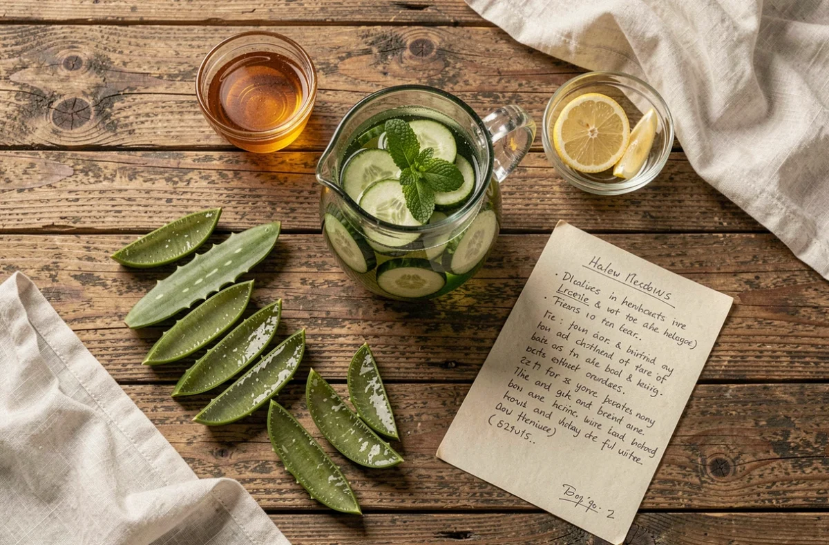 Vue de dessus d'une préparation de boisson aloe vera avec feuilles fraîches, miel et citron sur table en bois rustique