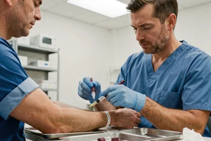 Préleveur effectuant une prise de sang sur un patient dans un laboratoire d'analyses médicales pour un test CDT de marqueur d'alcool